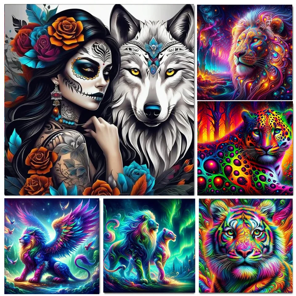 Leopard Wolf Tiger Tatto Woman Diamond Art Mosaic Embroidery Kit Full Diy Fantasy Animal Painting New 2024 Cross Stitch
