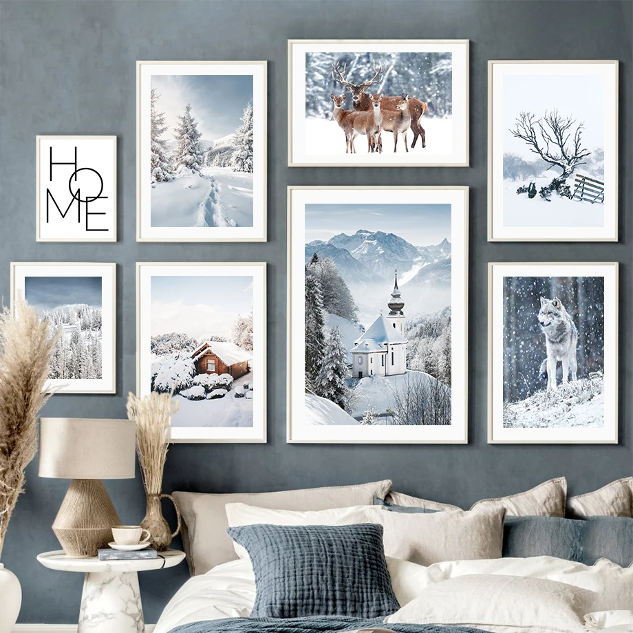 

Winter Snow Forest Bridge Mountain Deer Wall Art Canvas Painting Nordic Posters And Prints Wall Pictures For Living Room Decor