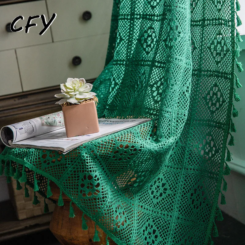 

American dark green Vintage Cutout Crochet Patchwork Window Curtain Blackout Drapes for Living Room Kitchen Drapes