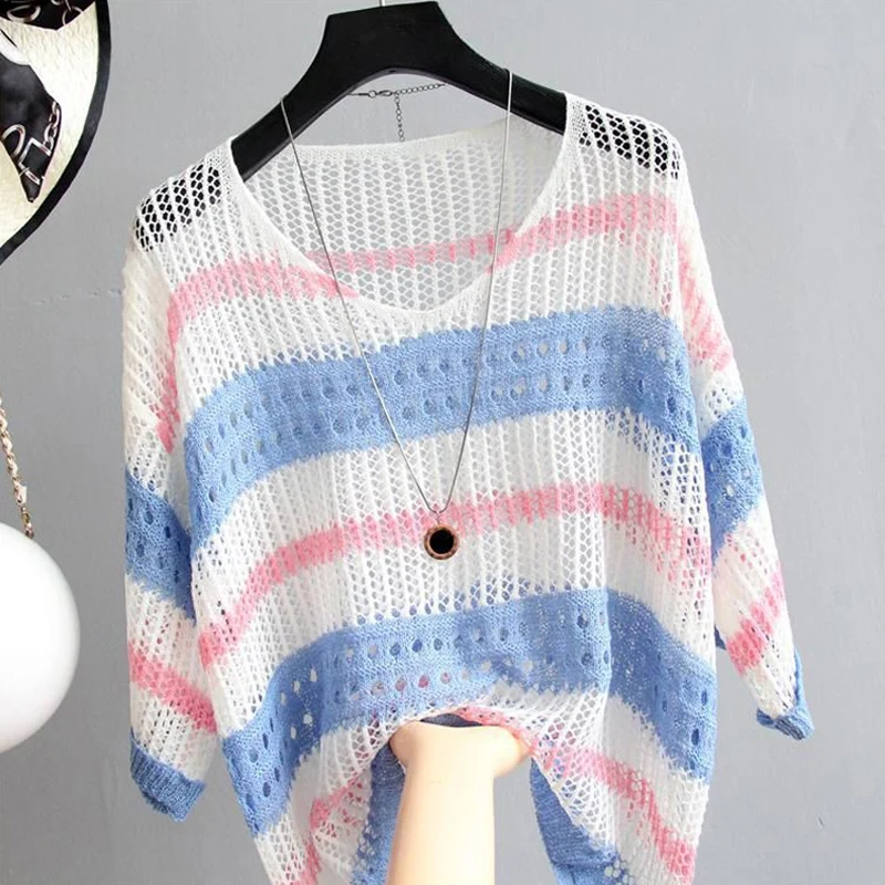 

Summer Colored Hollow Out Stripe Oversized Sweater and White Sling Tops Loose Vintage Thin Pullover Fashion Casual Women Clothes