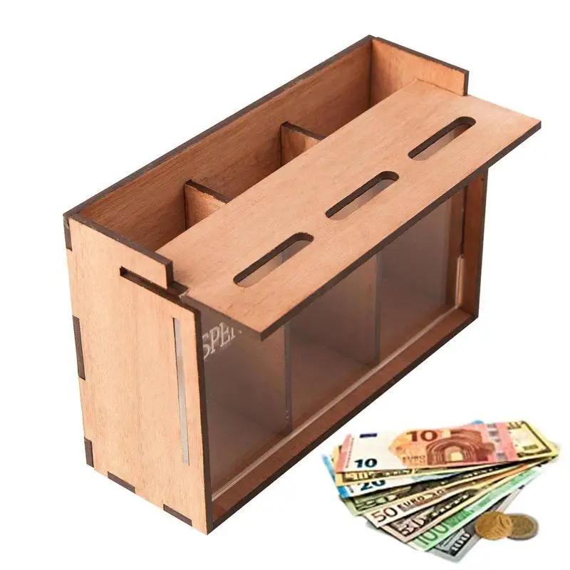 3 Compartments Wooden Coin Bank With Removable Lid Portable Home Coin Banks For Holiday Gift Money Box For