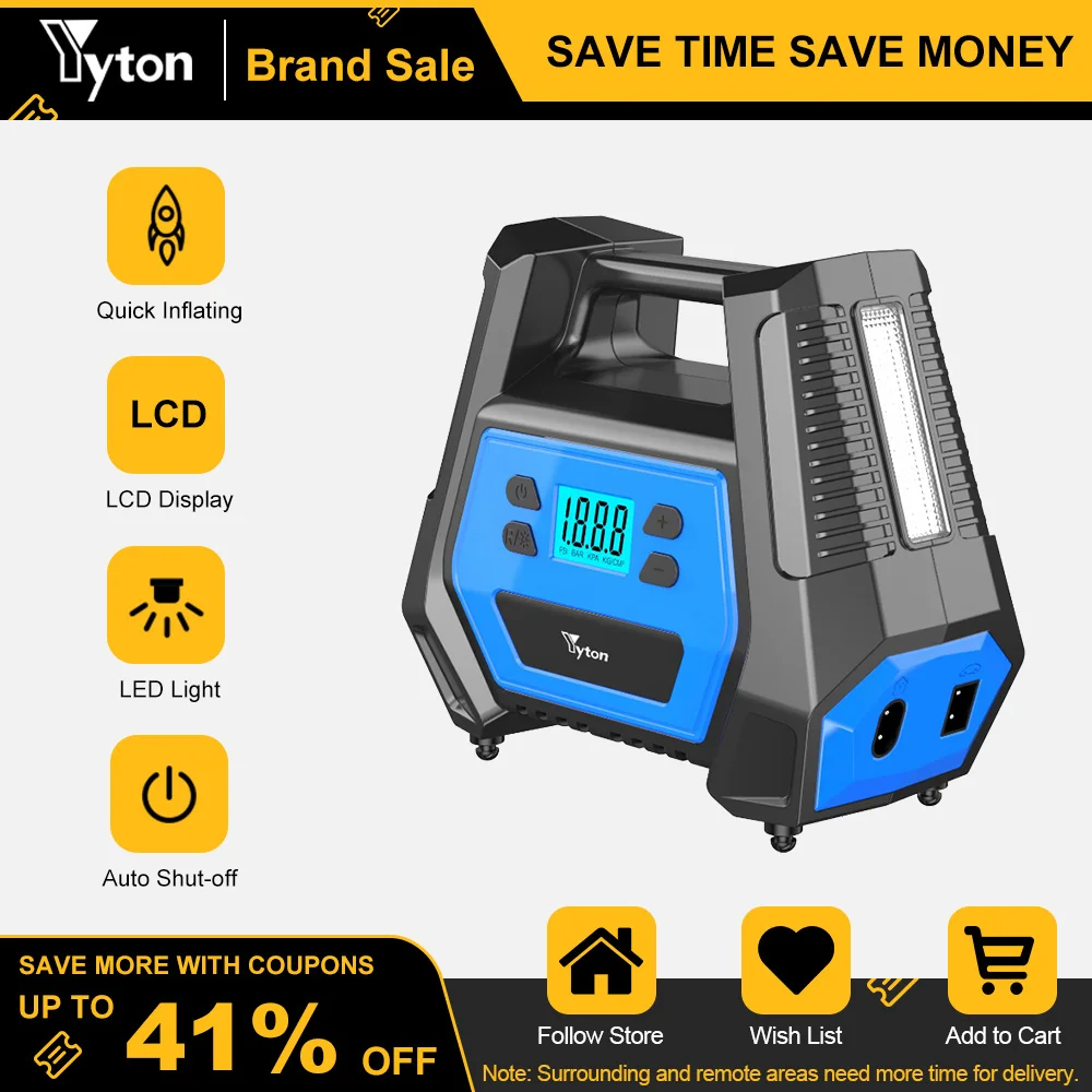 Yyton Tire Inflator Portable Air Compressor Electric Air Pump AC/12V DC Dual Power Tire Pump with LED Light for Home Cars