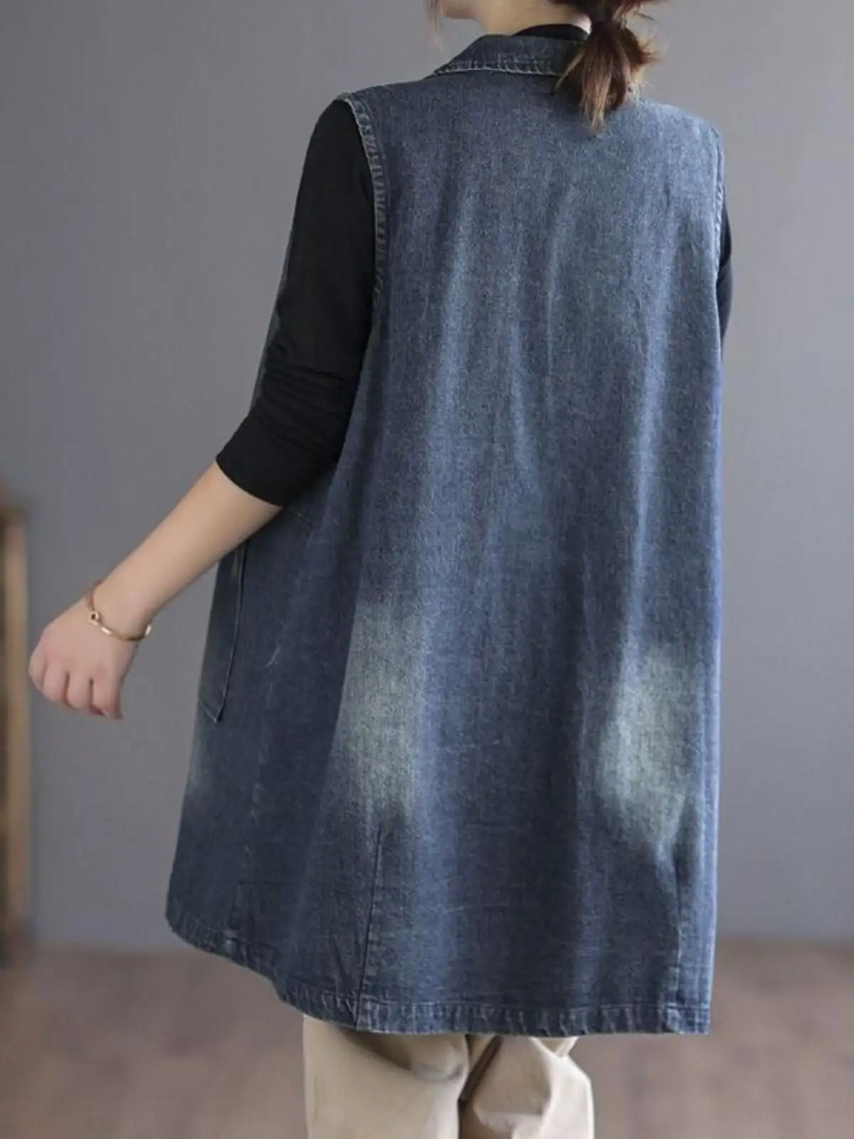 Internet Celebri Retro Mid-Length Denim Vest Outerwear Women New Loose Suit Collar Plus size Autumn Waistcoat