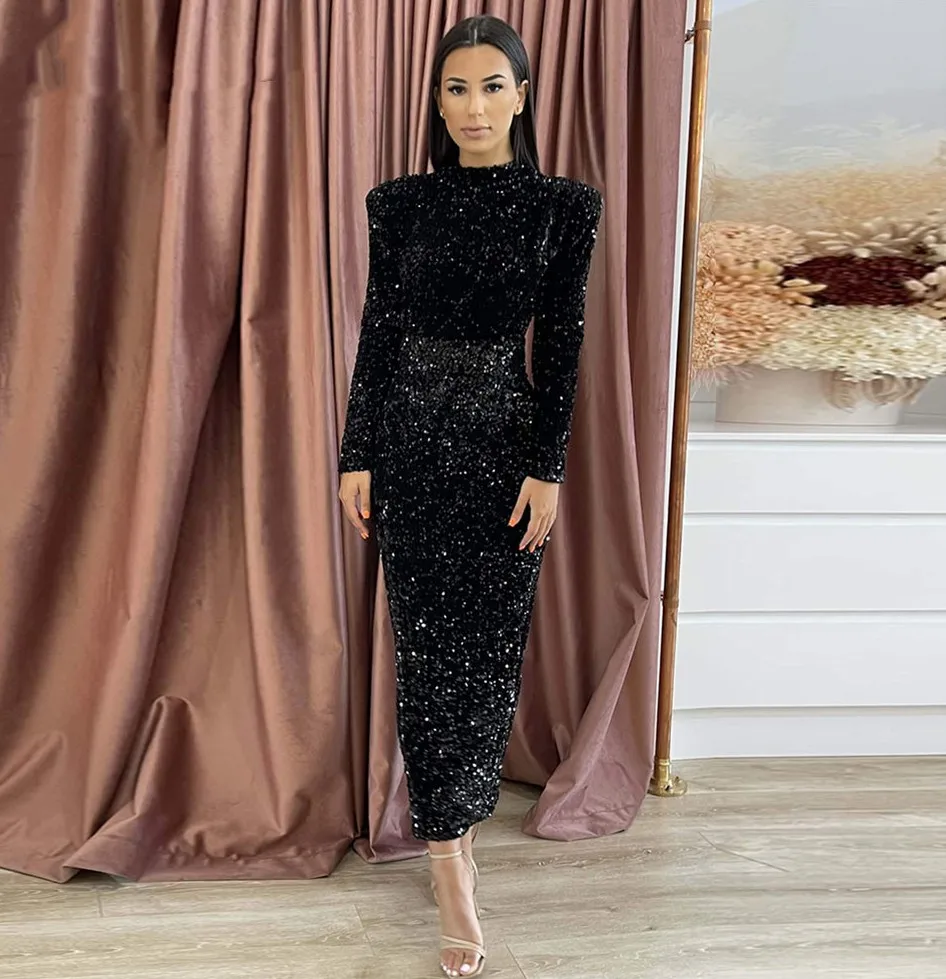 

Shiny Sequins Arabci Dubai Evening Dresses Tea Length High Neck Long Sleeve Prom Party Gowns Robe De Soiree Vestidos Festa