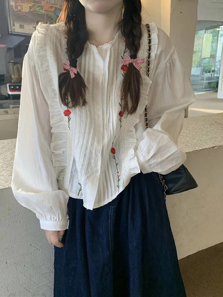 

KIMOKOKM/осенняя одежда в стиле мори для девочек; Блузки; Рубашки; Милые белые рубашки с длинными рукавами и круглым вырезом с милой цветочной вы...