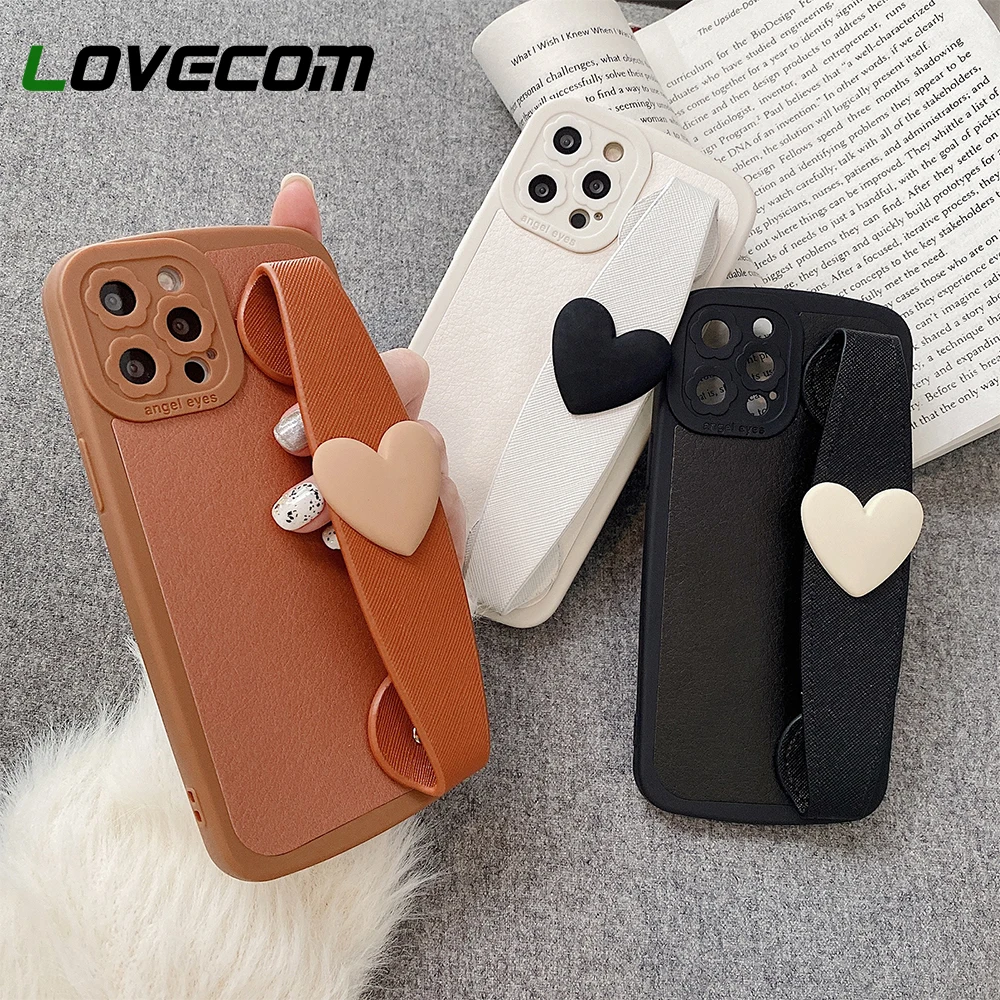 

3D Love Heart Wrist Band Phone Case For iPhone 13 Pro Max 11 12 Pro Max X XR XS Max 7 8 Plus Flower Lens Protector Leather Cover