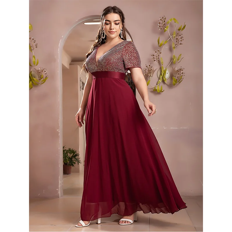 Plus Size 4XL5XLV Collar Shiny Red Short Sleeve Luxury Evening Dress Wedding Party Elegant Chiffon Plus Size Evening Dresses