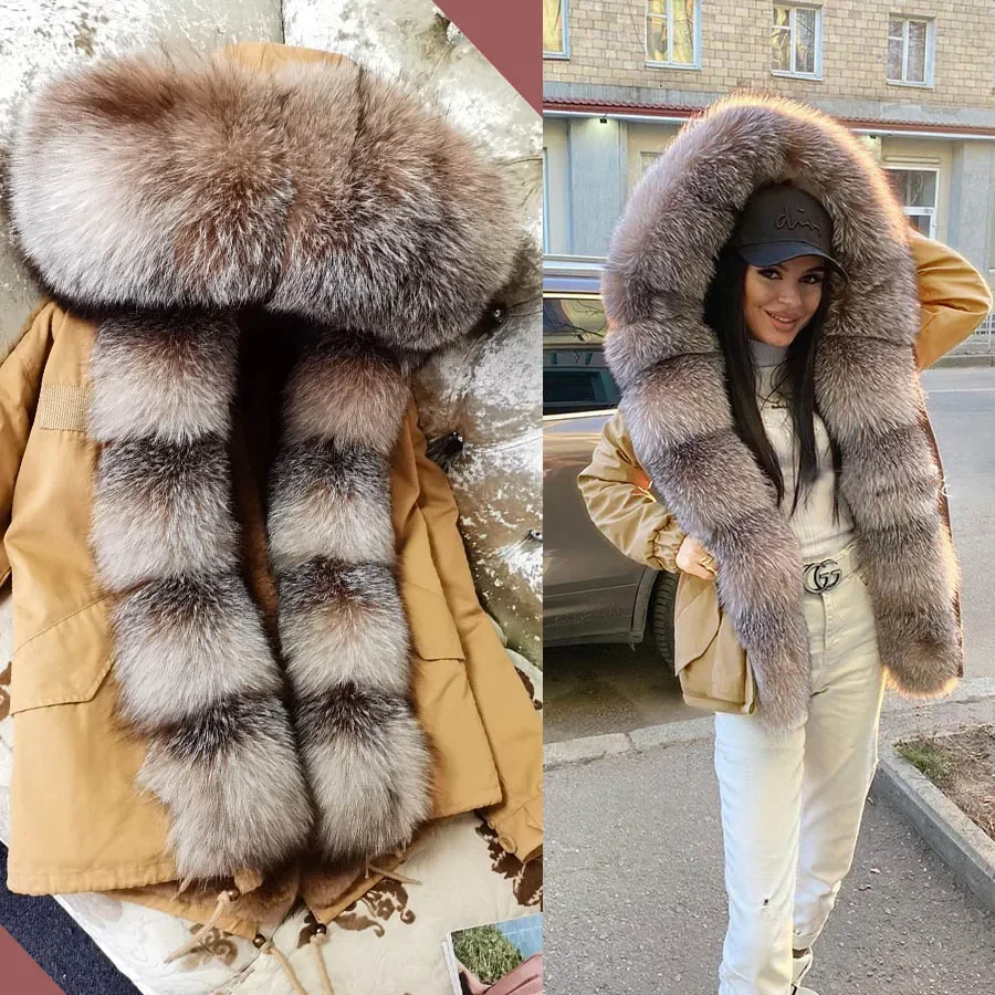 

2023 Winter Fashion Hot Selling Women Classic Waterproof Short Genuine Fox Fur Coat Natural Raccoon Big Fur Collar Bomber Jacket