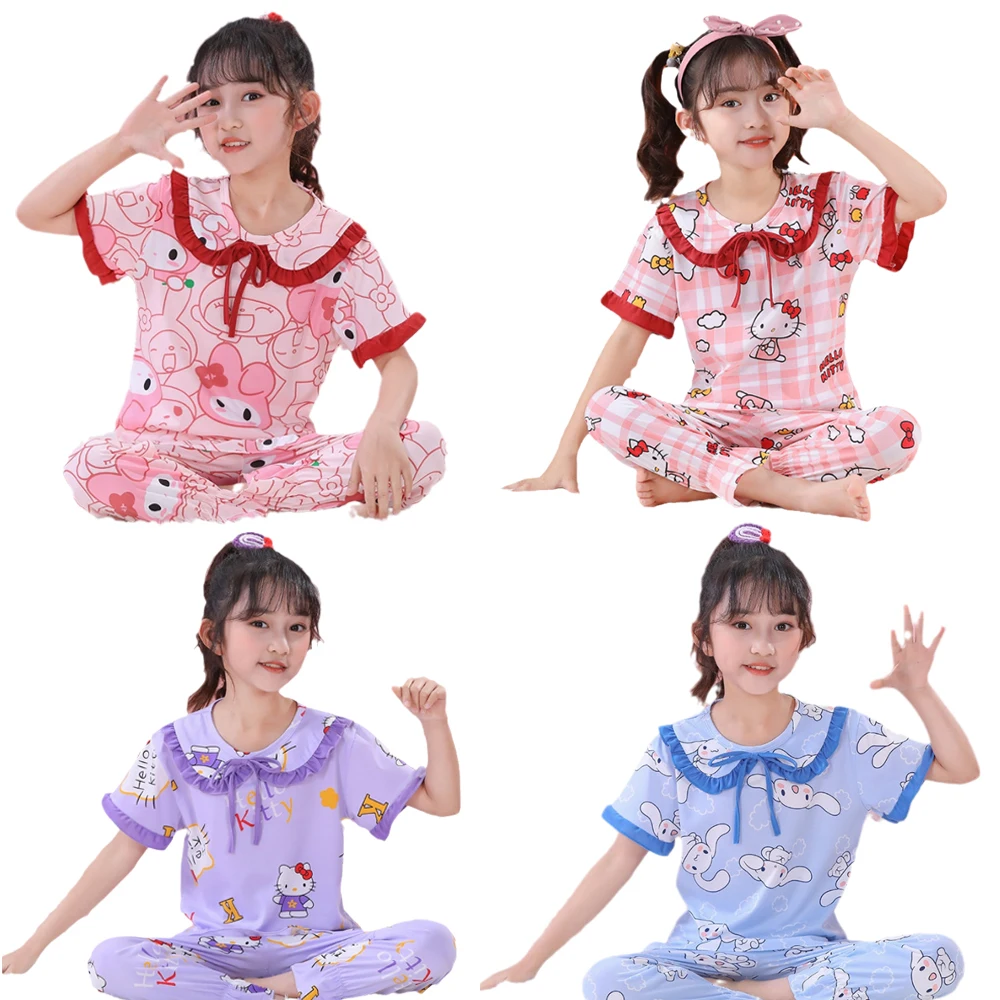 

Sanrios аниме кавайные Hellokittys My Melody Cinnamoroll пижамы для девочек летние детские брюки с коротким рукавом домашний костюм