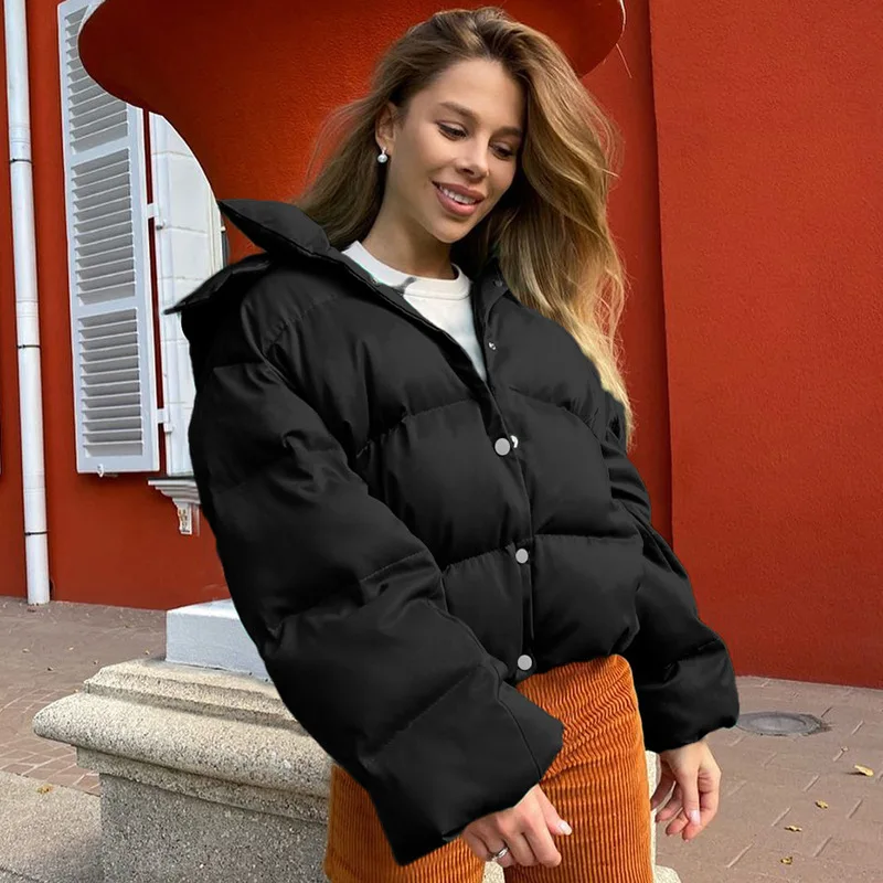Winter New Style Cropped Single-breasted Solid Color Hooded Long-sleeved Cotton Jacket Temperament Fashion Top Women Commuter