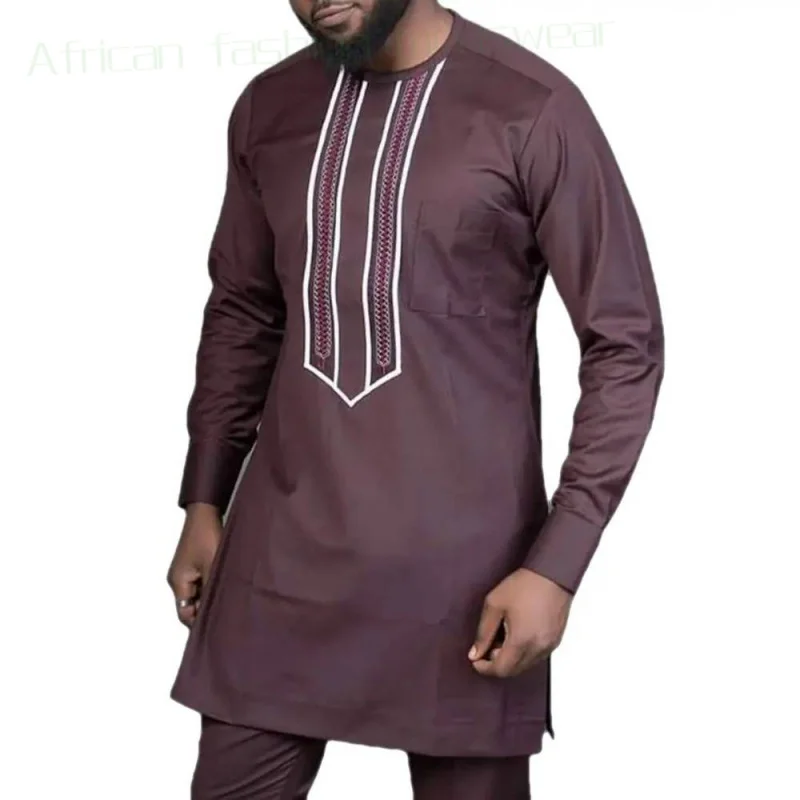 New  plus Size  Long-Sleeved Top and Trousers 2 Set Popular Reddish Brown Exquisite Embroidered African Ethnic Style Men's Suit