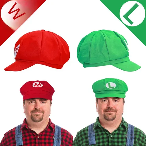 Super Bros Luigi Шляпа для взрослых Кепка Костюм Косплей Хэллоуин Бейсбол Аниме Унисекс Шляпа для ролевых игр (красный и зеленый) 2 шт.