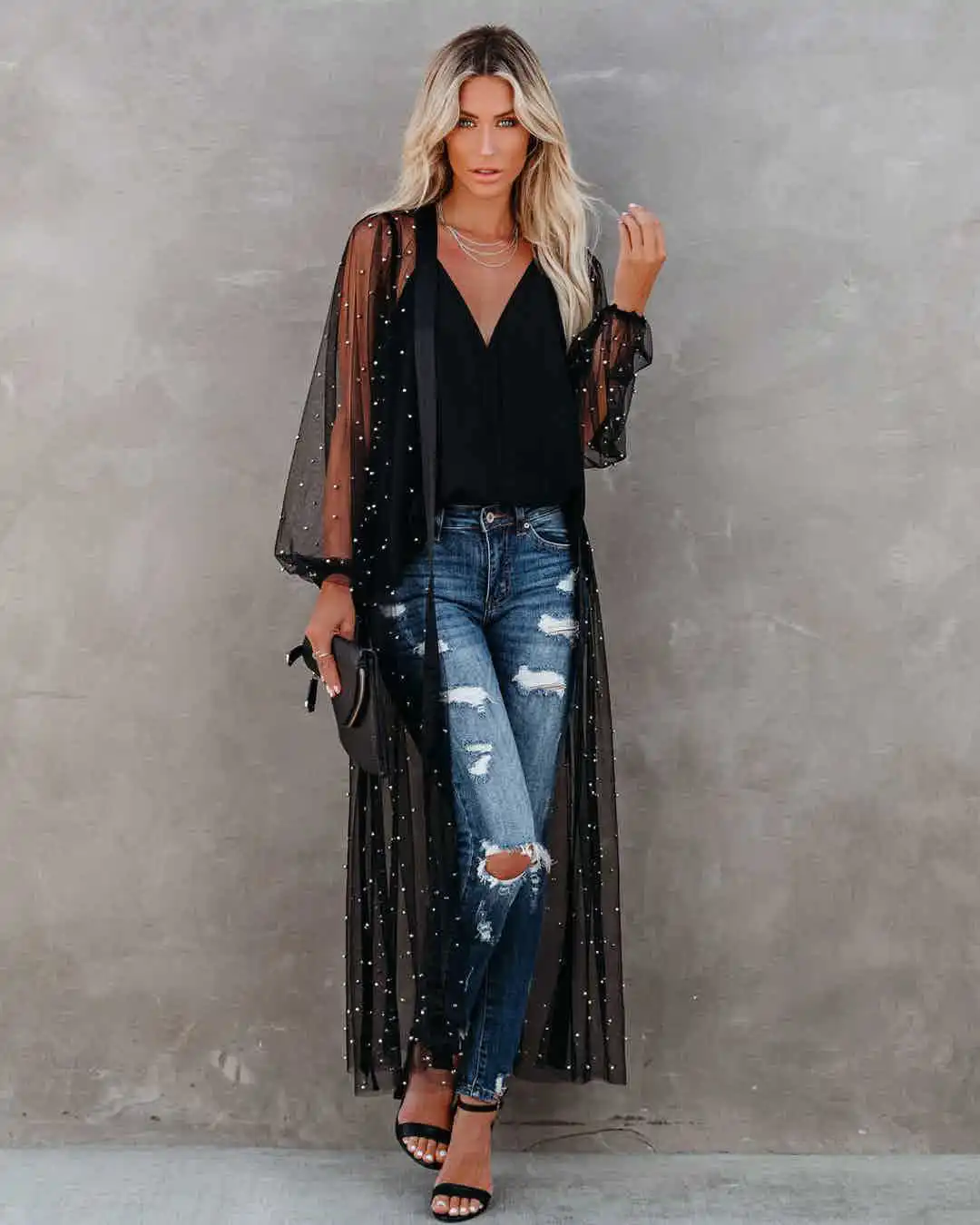 

Sexy Women Black Gauze Mesh Sheer Tops Sheer Long Shirts Beach Loose Transparent Long Cardigan Tops