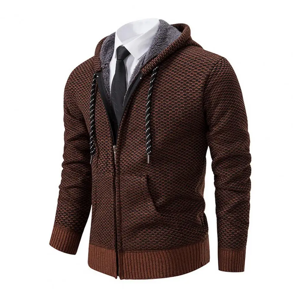 

Slim Fit Men Coat Men's Cozy Hooded Cardigans with Plush Lining Zipper Placket Pockets for Casual Autumn Winter Knitwear Men