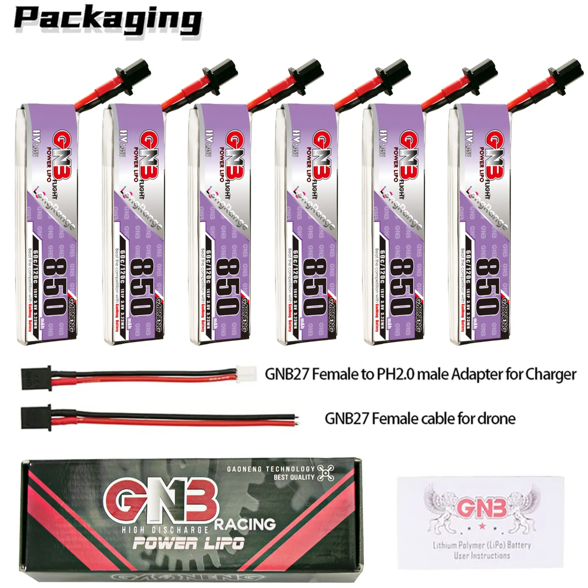 

6PCS GAONENG 850mAh 1S 3.8V 60C GNB HV 4.35V Lipo Battery With High Current Discharge GNB27 Plug For RC FPV Drone Helicopter DIY