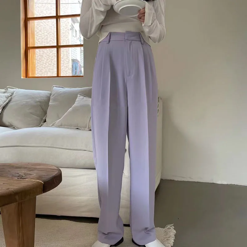 

Straight Wide-legged Trousers Pants Women Korean Chic Summer All-match High-waisted Thin Pleated Loose Drape Solid Bottoms