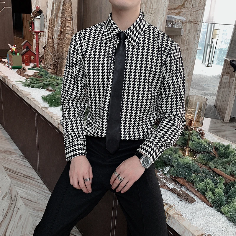 Autumn Houndstooth Shirts for Men Loose Streetwear Shirt Long Sleeve Casual Shirt Social Party Male Clothing Camisas Para Hombre