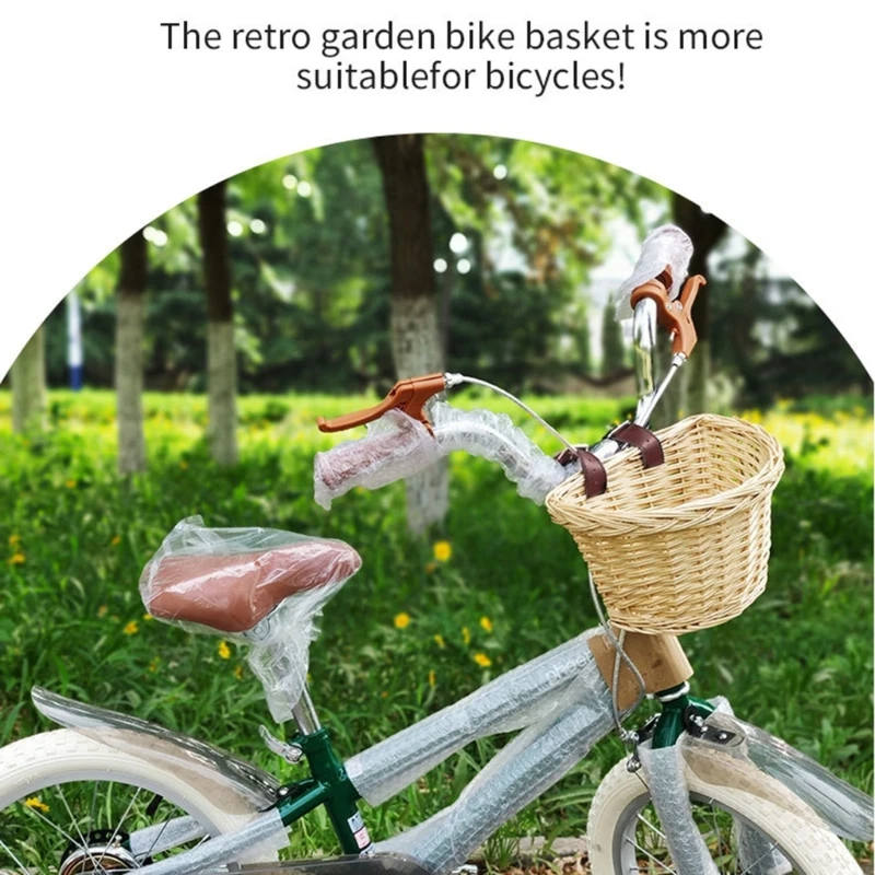 

Bike Basket,Front Handlebar Storage Basket for Adult Kid Handwoven/Waterproof/Adjustable-Leather Strap Accessory