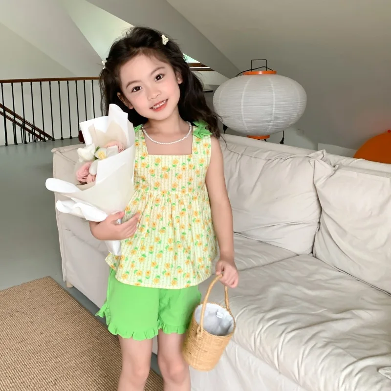 

2023 New Toddler Baby Girl Fall Clothes Sets Girl Clothing Set Sleeveless Floral Shirt Short Kids 2Pcs Suits Outfits