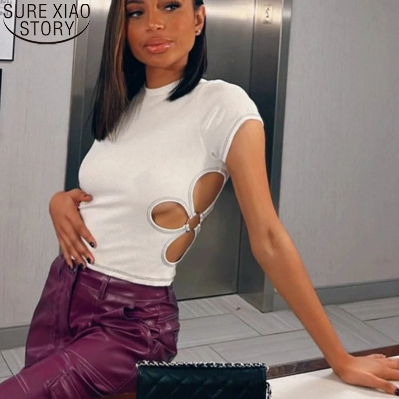 

Women T Shirts Streetwear 2022 New Y2k White Cut Out Short Sleeve Summer Crop Top O-Neck Basic Casual Baby Tee Sexy Tops 20531