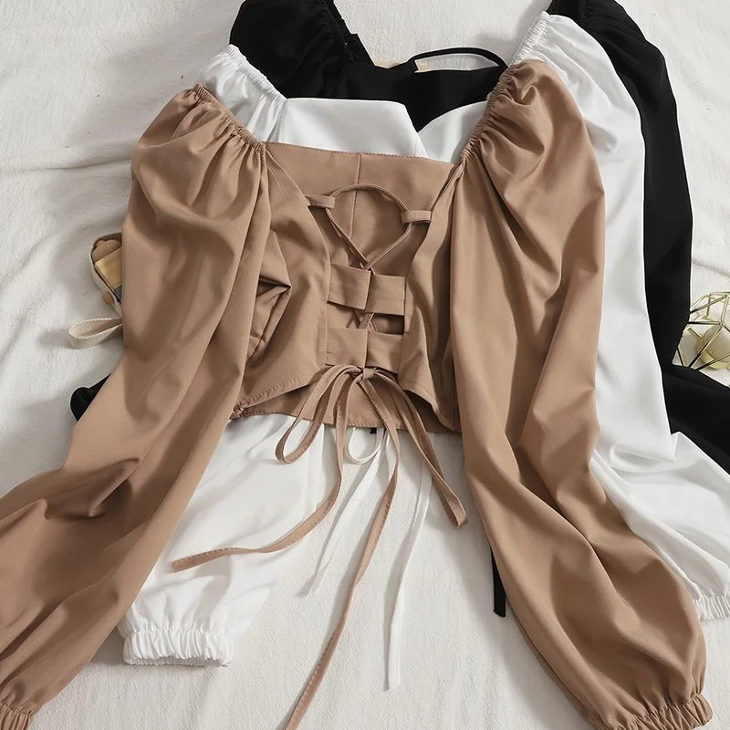 

Short Solid Color Top 2023 Autumn Wear Cross Lace Up Open Back Sexy Versatile Slim Square Neck Long Sleeve Shirt For Women