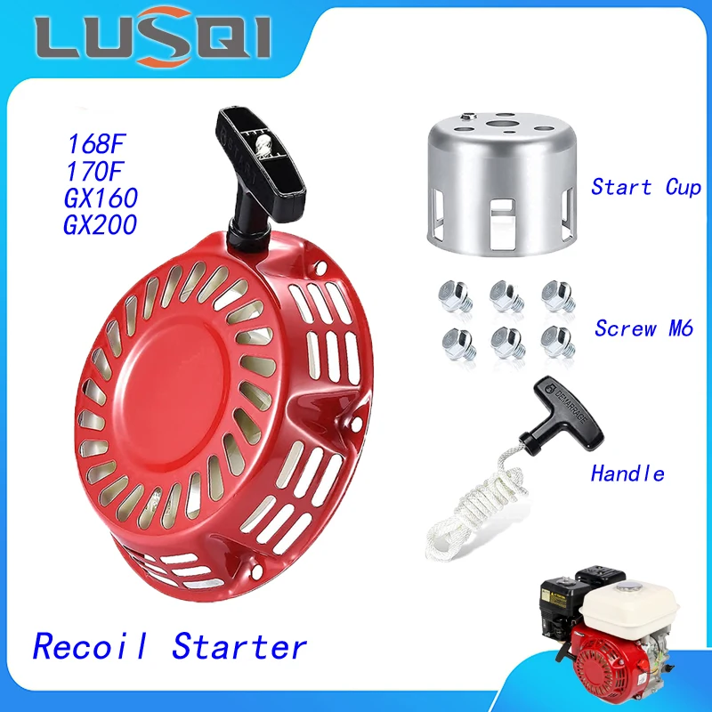 

LUSQI Recoil Starter + Sleeve + 6 Screws+Spare Handle For Honda 168F 170F GX120 GX140 GX160G X200 163CC 196CC Engine Lawn Mower