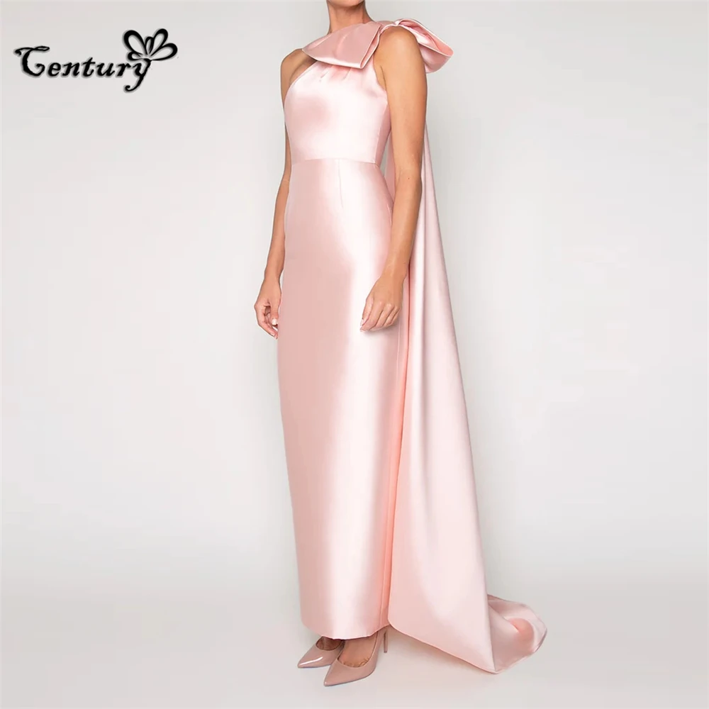 

Blush Prom Dress Long 2023 Big Bow Sheath One Shoulder Satin Pageant Evening Gowns Robe De Soiree Vestido Largo