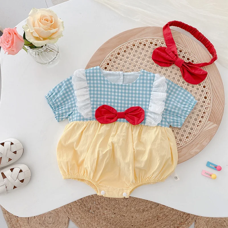 

MILANCEL 2022 Summer Baby Bodysuits Toddler Girls Clothes Infant Boys One Piece Patchwork Toddler Outfit with Headband