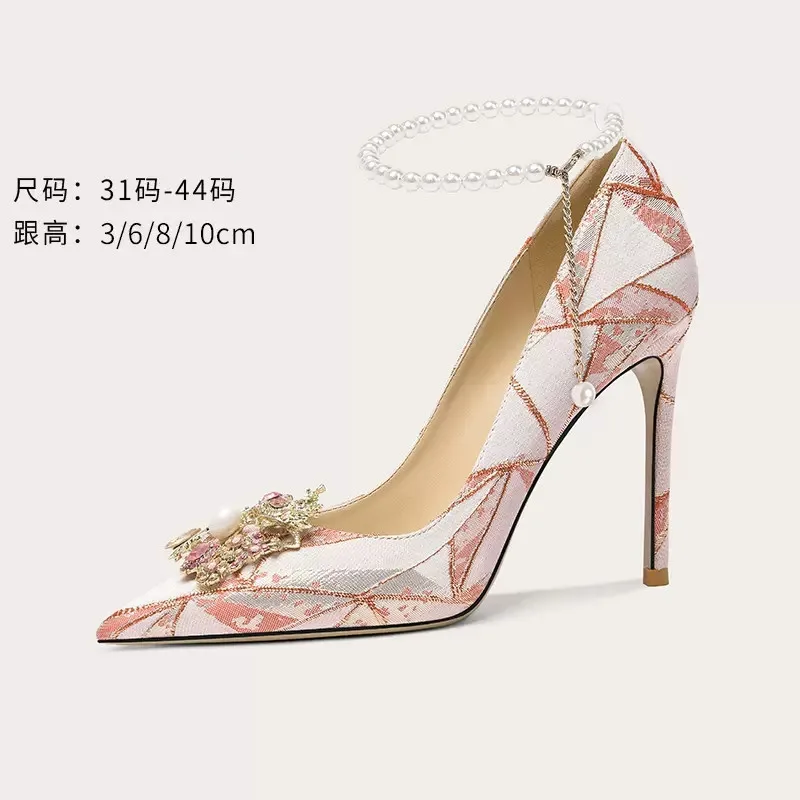 

Spring and Summer New Pointed Rhinestone Pearl Chain Single Shoes Thin High Heel Banquet Dress Large and Small Women's Shoes
