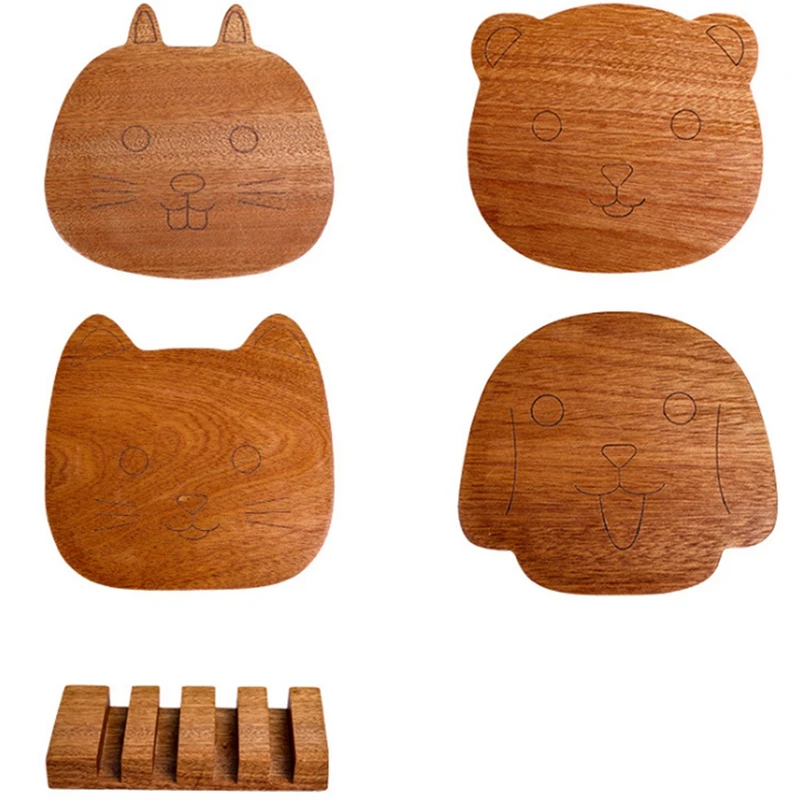 

Simple Cartoon Sapele Wooden Coaster Set Insulation Table Mat Household Wooden Placemat with Coaster Rack