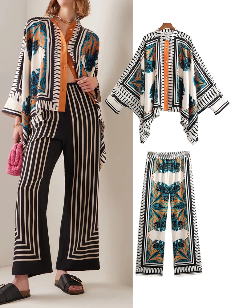 

TFMLN Women 2pcs Pants Sets 2022 Summer Full Printed Oversized Blouse Cape Style Tops Female Pants Casual Clothes