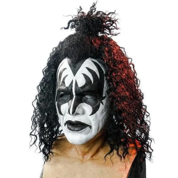 Фото Маска демона Джин Симмонс из группы KISS, реалистичная латексная маска с черным кудрявым париком для Хэллоуина, карнавала, косплей-вечеринки. №2