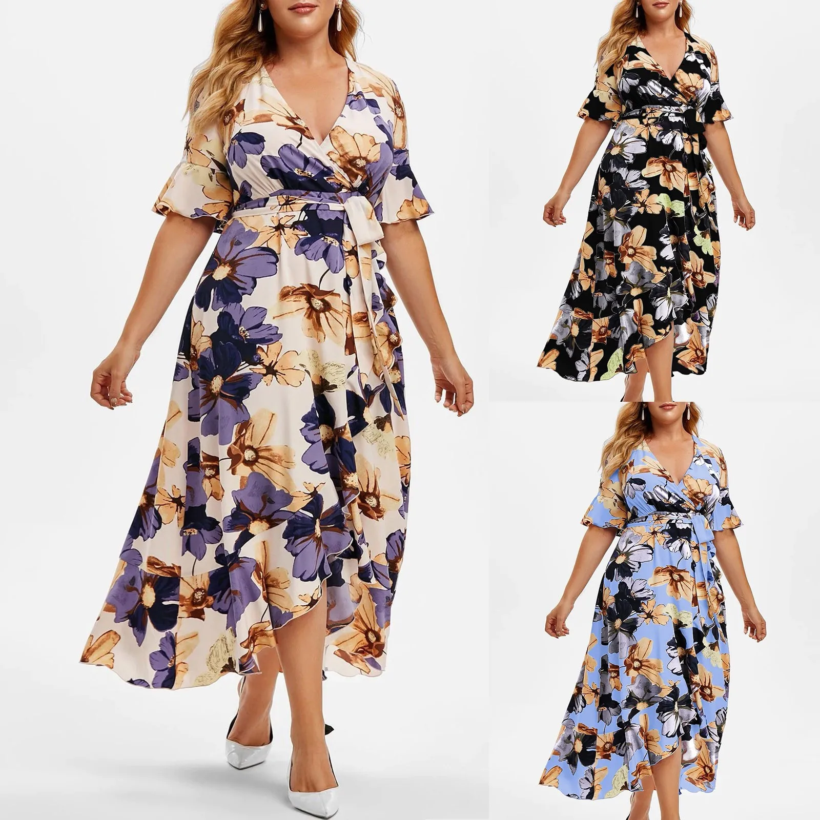 

2022 SummerFlower Printed Femme Robe Boho Large Size Women Summer Dress Casual Women Clothing 2021 Sexy Short Sleeve Maxi Dress