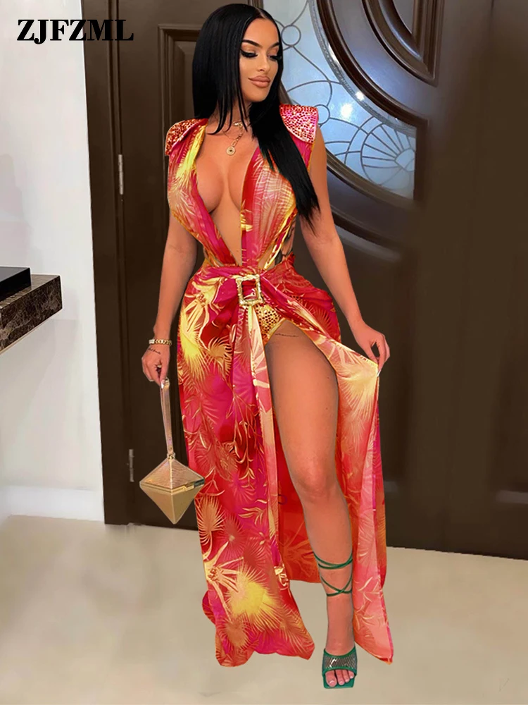 

Summer Print Two Piece Bathing Suits Women's Holiday Vacation Swimwear Sexy Cut Out Bodysuit with Cover Up Long Skirts Beachwear