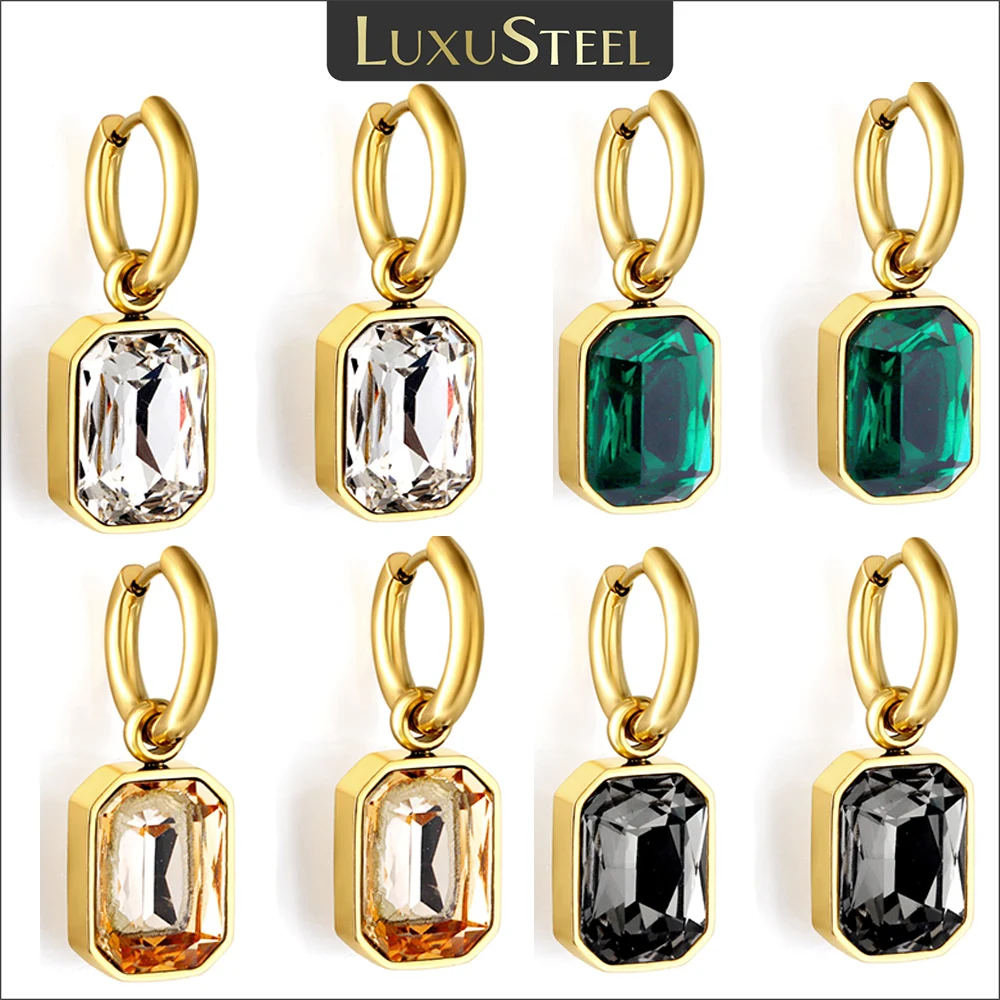 

LUXUSTEEL Vintage Cubic Zirconia Square Hoop Earrings For Women Luxury Crystal Gold Color Stainless Steel Party Wedding Jewelry