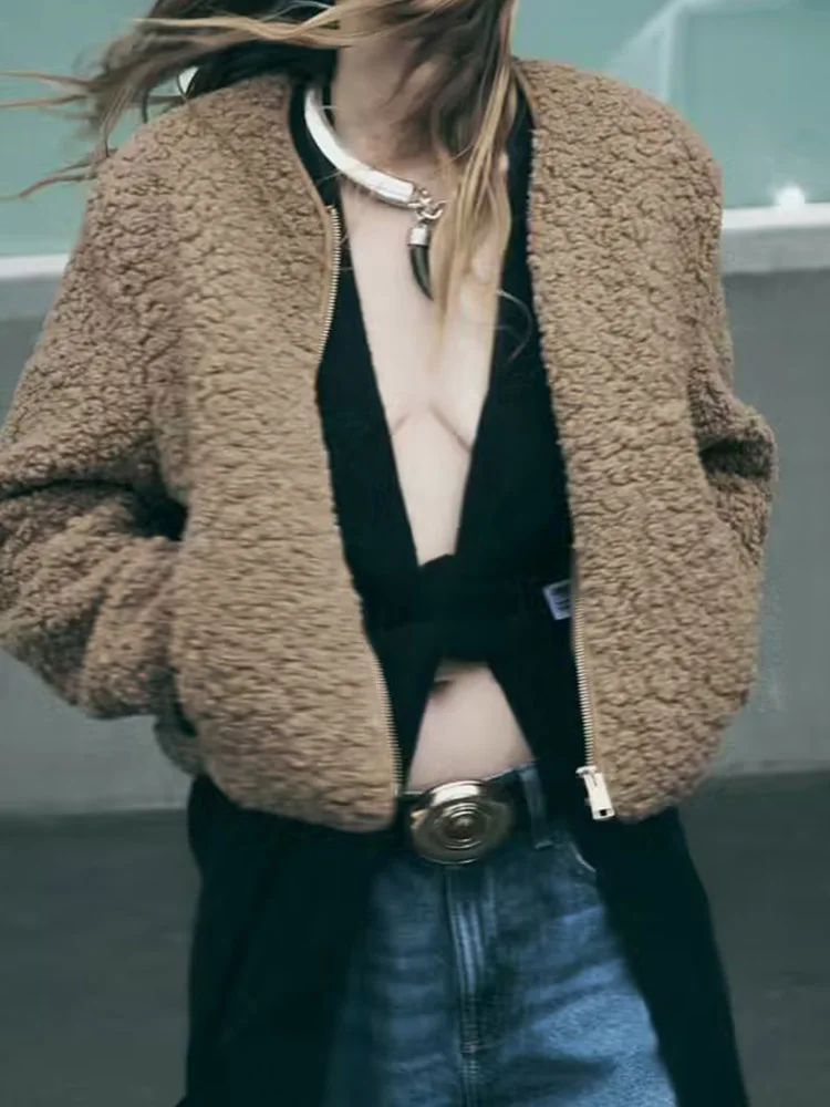 

Женская флисовая куртка на молнии, однотонная короткая куртка с круглым вырезом и длинным рукавом, верхняя одежда, осень 2023