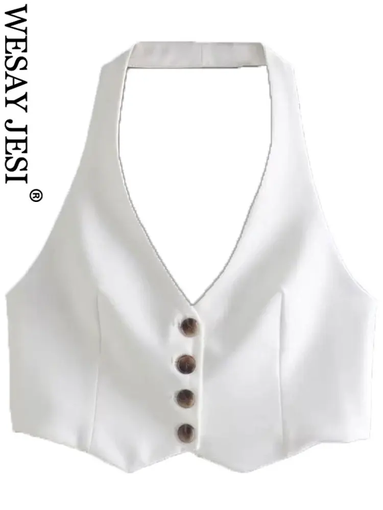 

WESAY JESI Женская однотонная белая майка с лямкой через шею однобортный с открытой спиной без рукавов шикарный короткий жилет для пожилых модн...