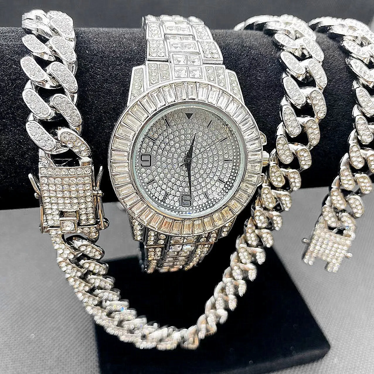 

3PCS Hip Hop Luxury Watch Jewelry Set Mens Women Iced Out Watch Necklace Bracelet Bling Diamond Cuban Chains Choker for Couple