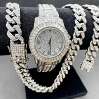 3pcs hip hop luxury watch jewelry set mens women iced out watch necklace bracelet bling diamond cuban chains choker for couple