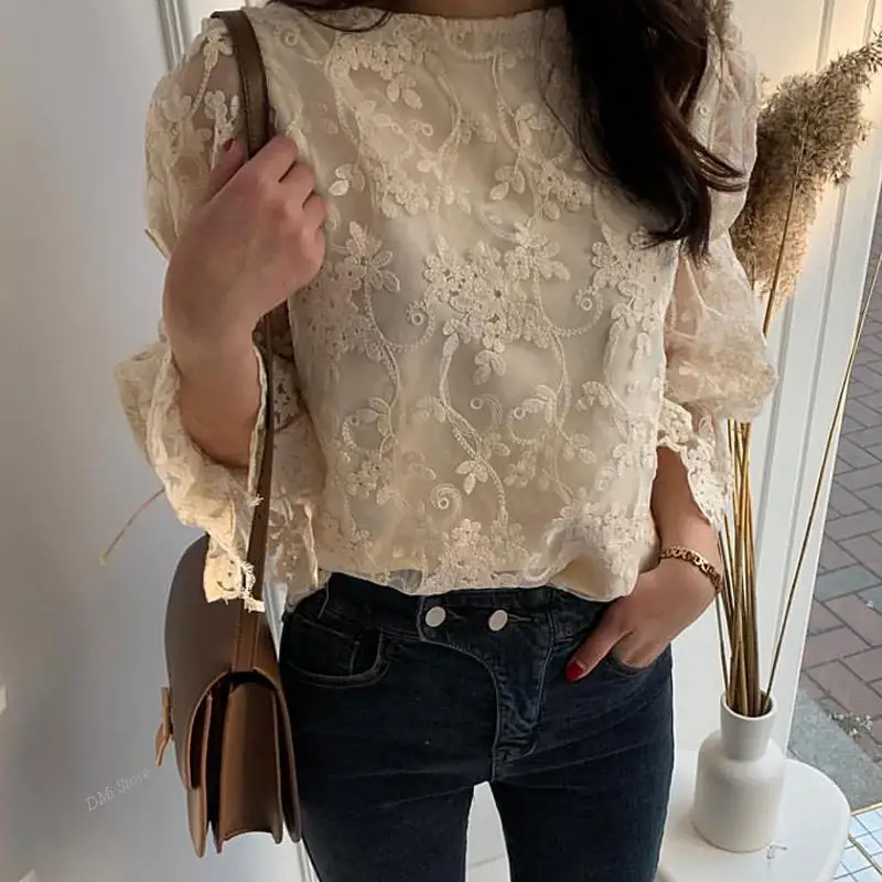 

DIMI Casual Fashion Elegant Chiffon Shirt Spring New Korean Embroidered Lace Women's Shirt Flare Sleeve Crochet Floral Blouse