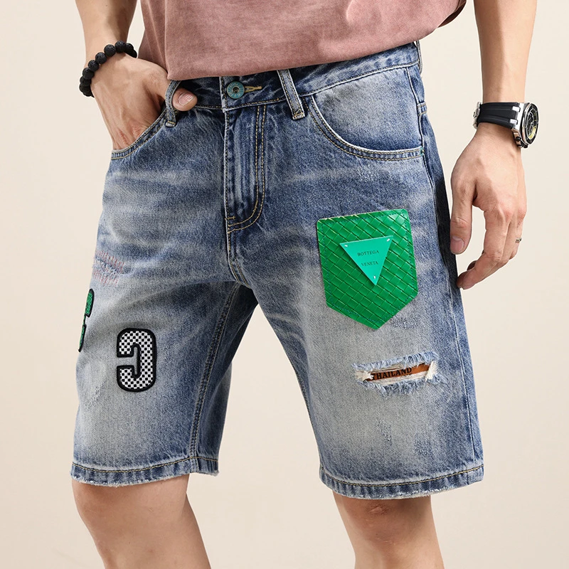 EH·MD® Leather Micro Chapter Embroidered Denim Shorts Men's Summer Light Blue Letter Decoration Cotton Slim Pants Trend High End