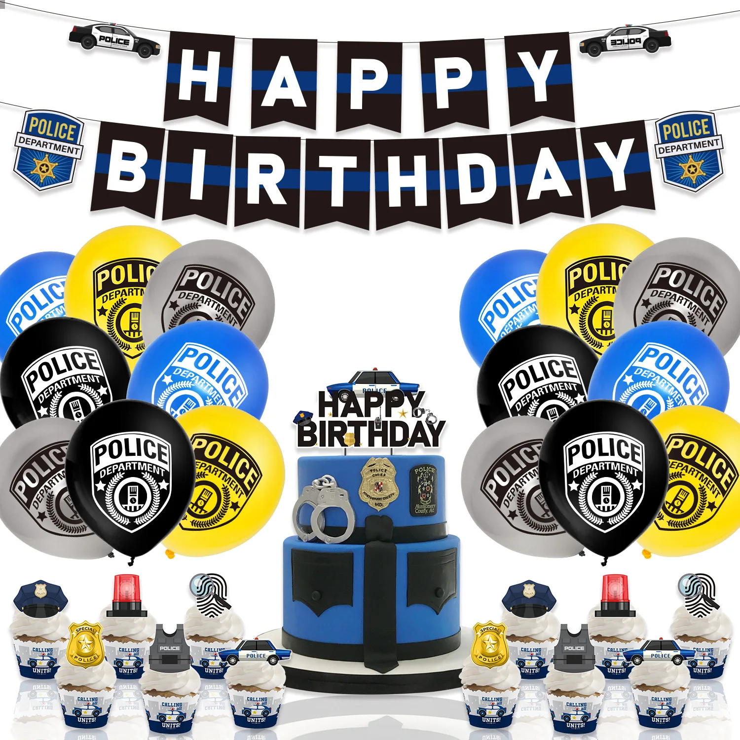

Birthday Party Decorations Supplies, Police Car Badge, Balloons, Banner, Cake Topper, Hanging Swirls Kit, Sursurprise