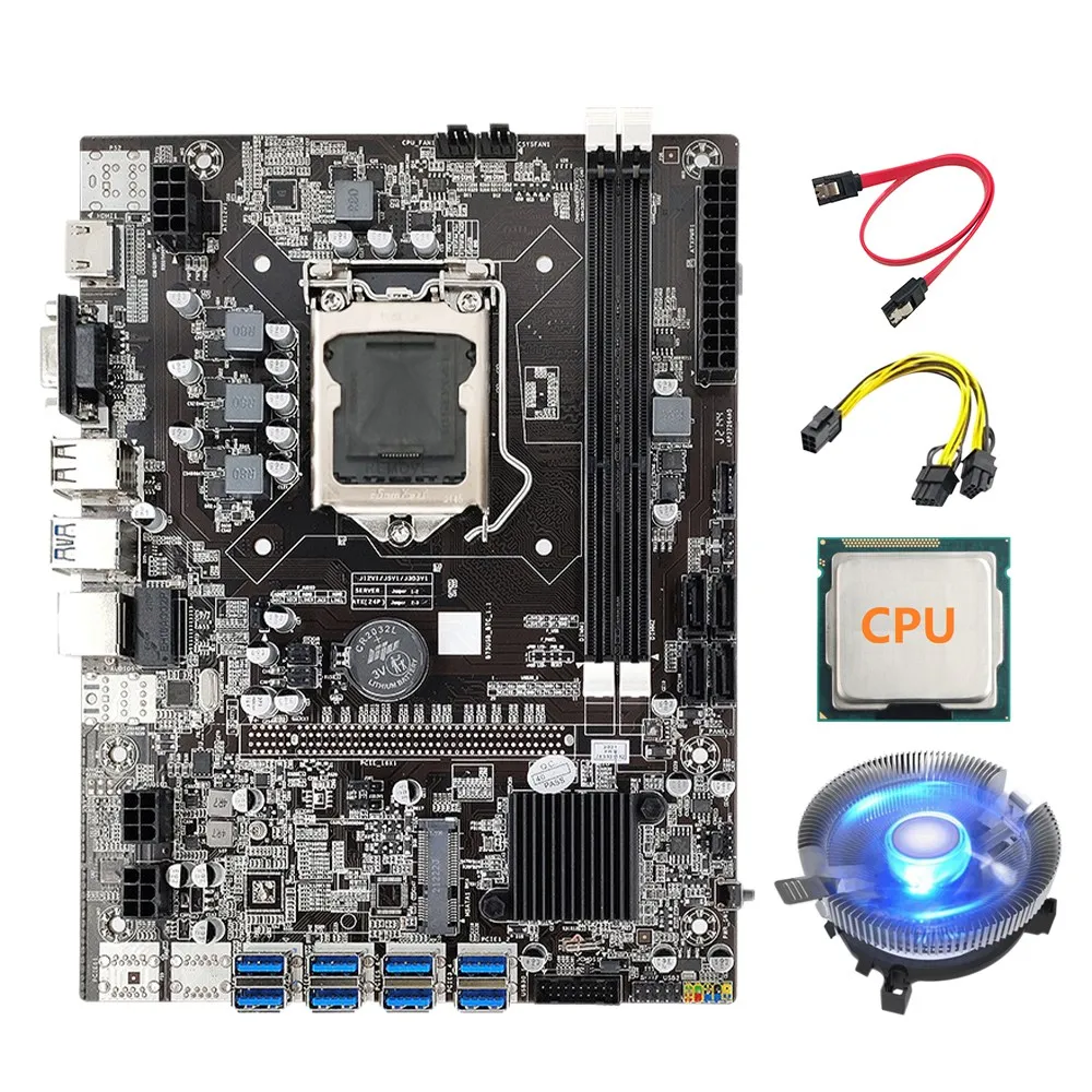 

Материнская плата B75 для майнинга, материнская плата LGA1155 8xpcie к USB ЦП + SATA кабель + 6Pin к двойному 8Pin кабелю + охлаждающий вентилятор для майнинг...
