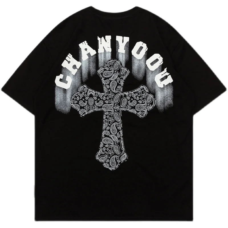 

Men Women Fashion American dark cashew cross print men's and women's hip hop fashion loose t shirt