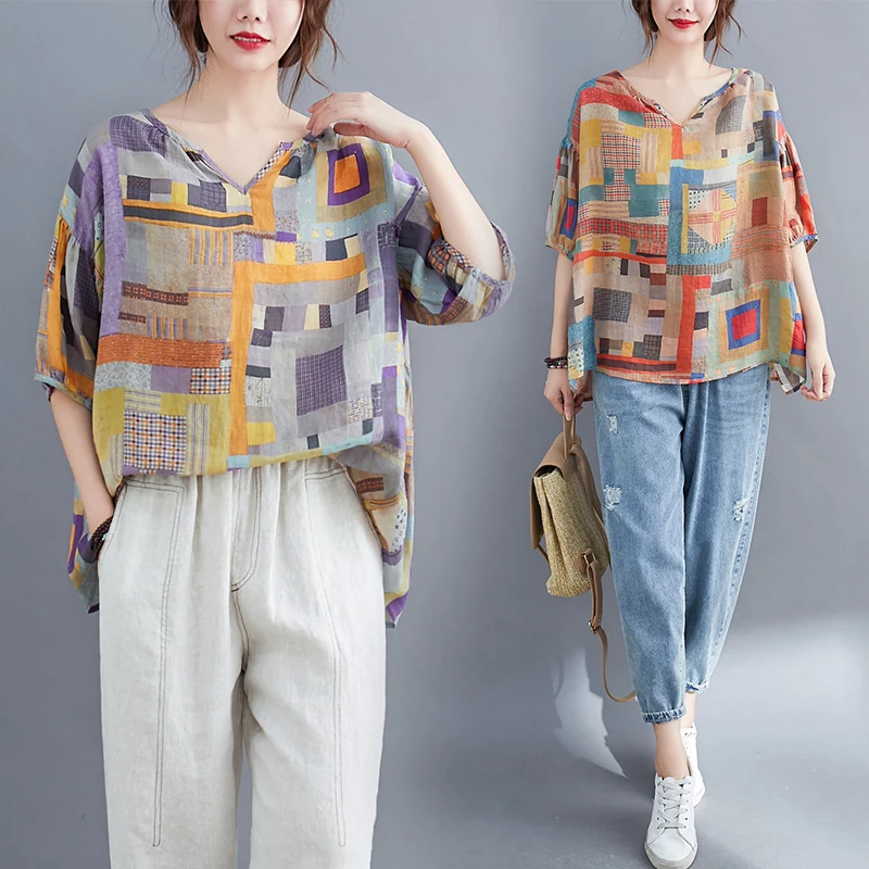 

2022 Summer New Loose Women's Dress Foreign Style Printed Top V-neck T-shirt
