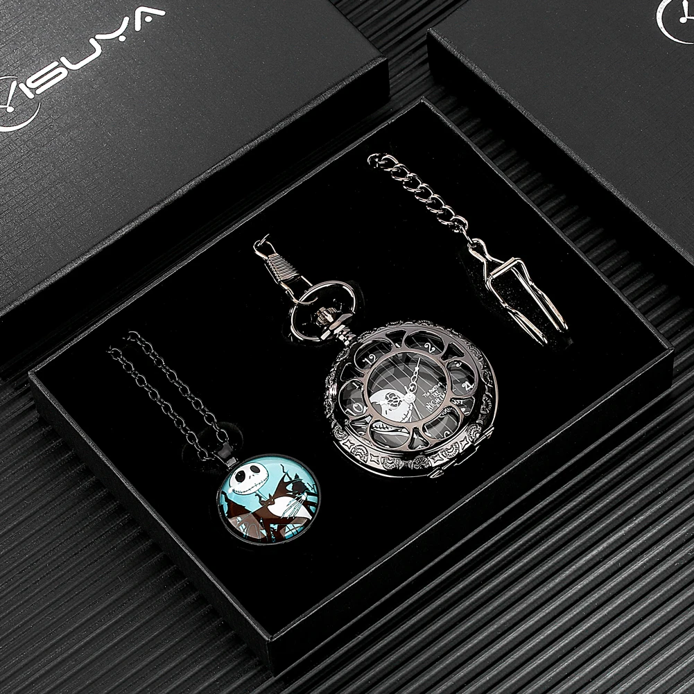 Retro Skull Punk Chain Necklace Quartz Pocket Watch Set Pendant Bronze Jewelry Gift Box Fob Necklace Watches for Men Women Kids