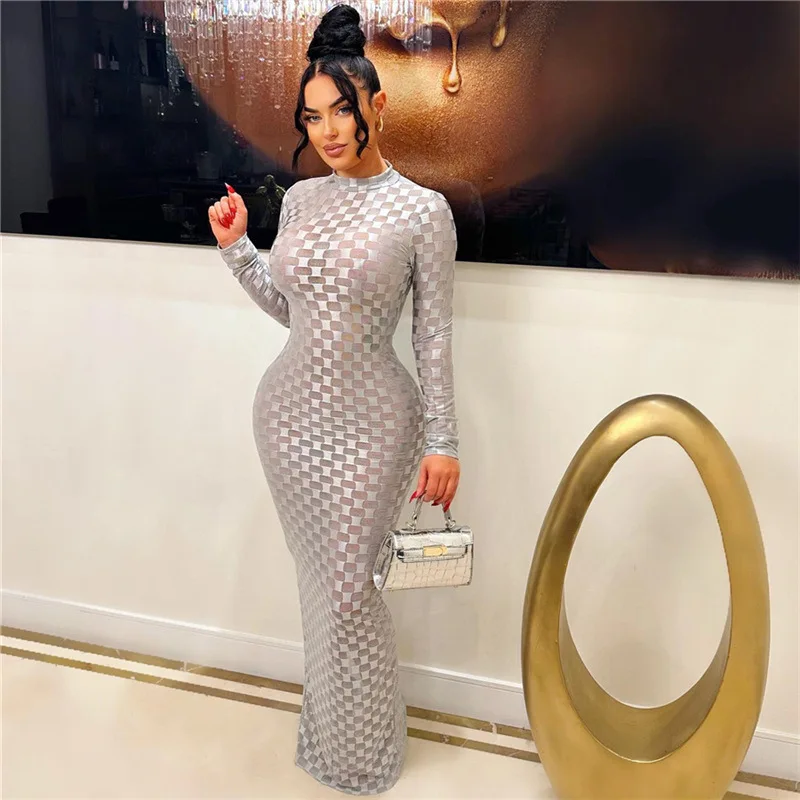 

Square Print Sheer Mesh Women Slit Maxi Dress See Through Long Sleeve Sexy Coquette Bodycon Autumn Trend Club Party Vestidos