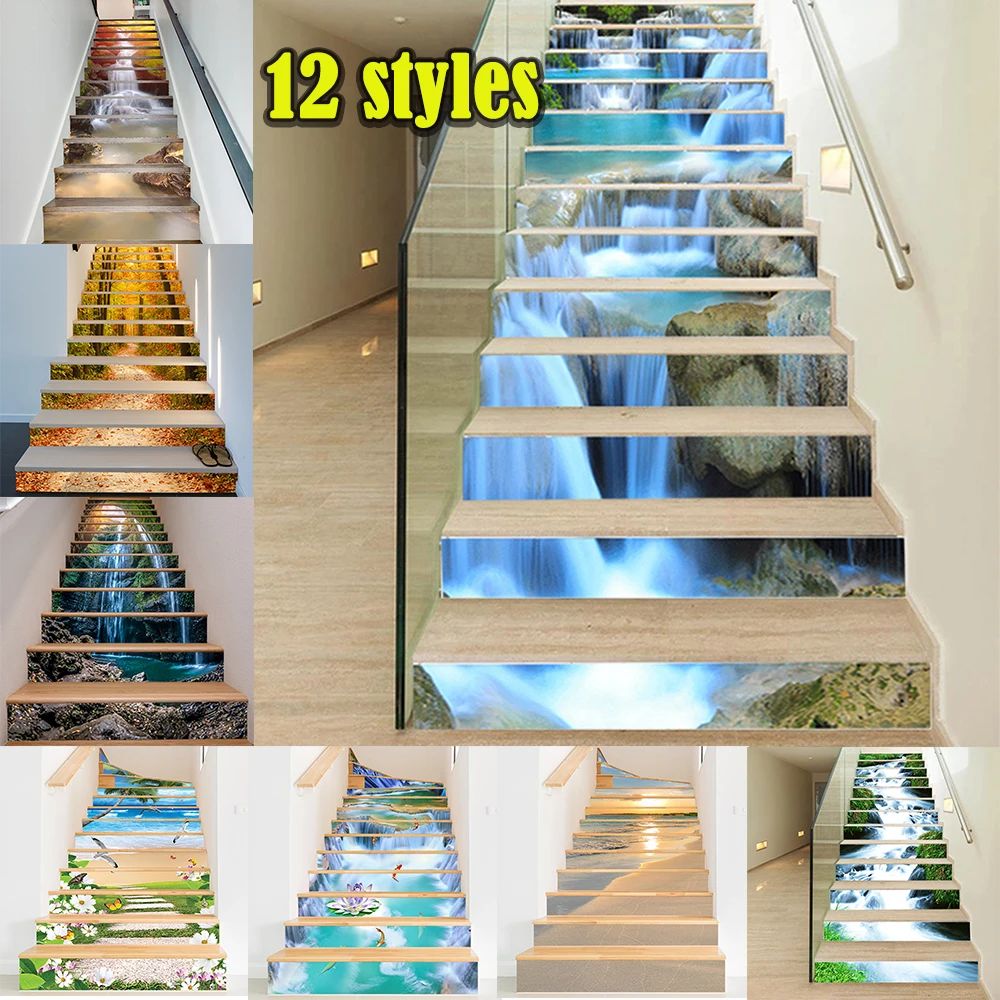 

6pcs/13pcs 3D Colored Waterfall Stair Risers Sticker Removable Pebbles Staircase Stickers Waterproof Home Decor Stairway Decals