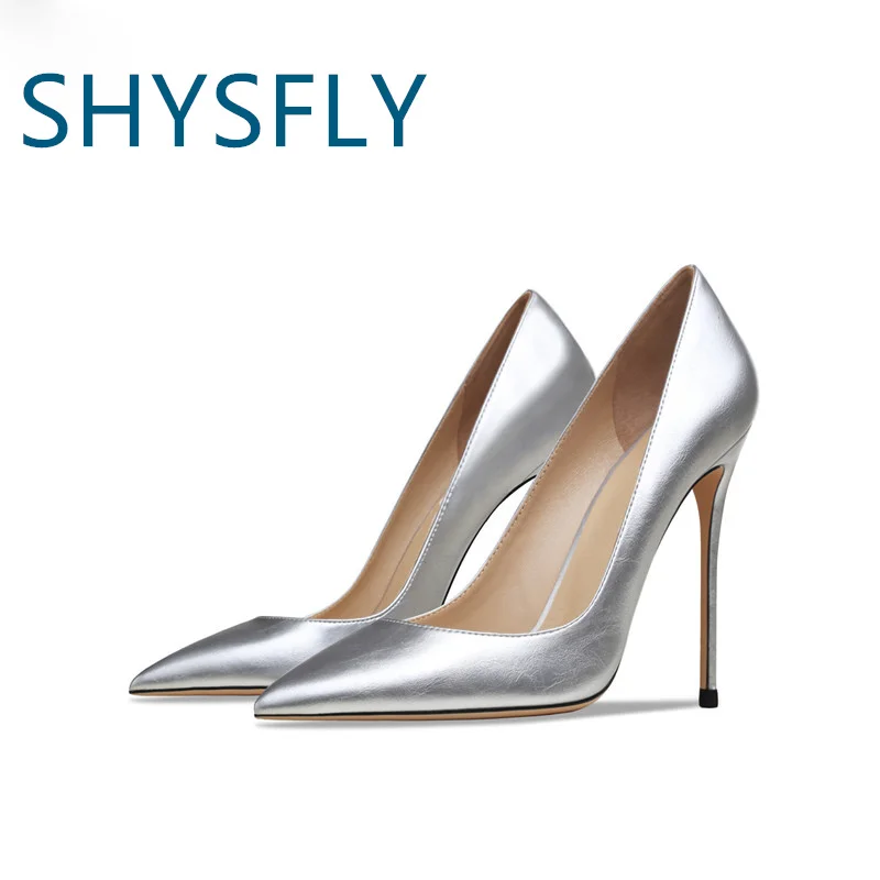 

SHYSFLY Genuine Leather Dress Silver Shoes With Light Ladies Pointed Toes Stelletos Elegence High Heel Plus Size Women Pumps 8cm