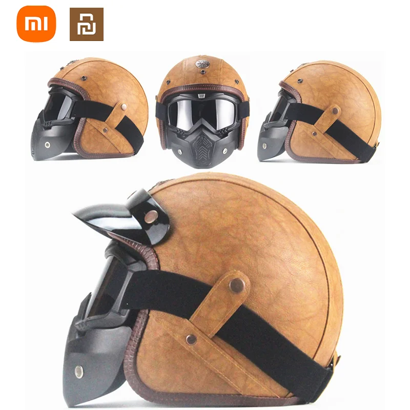 Xiaomi Youpin Four Seasons Retro Harley Helmet Leather Personality Helmet Electric Car Half Helmet/4 Turtle King Pedal Helmet